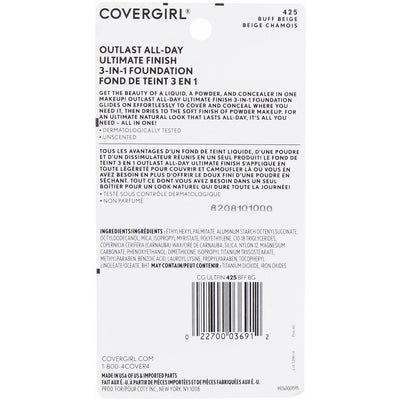 CoverGirl Outlast All-Day Ultimate Finish 3-in-1 Foundation, Buff Beige 425, 0.4 oz