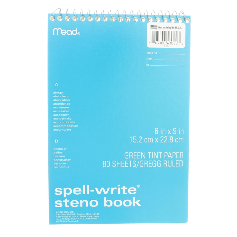 Mead Spell-Write Wirebound Steno Book, Gregg Ruled, 6in X 9in, 80 Sheets, Green Tint