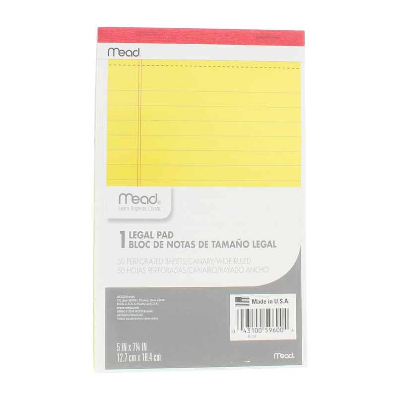Mead Junior Legal Pad, 5in X 7.25in, 50 Sheets, Canary