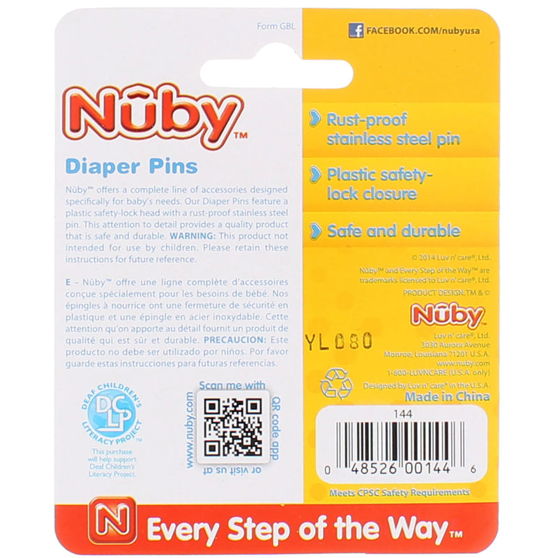 Nuby Diaper Pins, Assorted Colors, 8 Ct