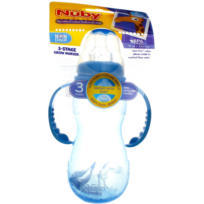 Nuby 3 Stage Baby Bottle with Handles, 3m+, Standard Neck, 11 oz