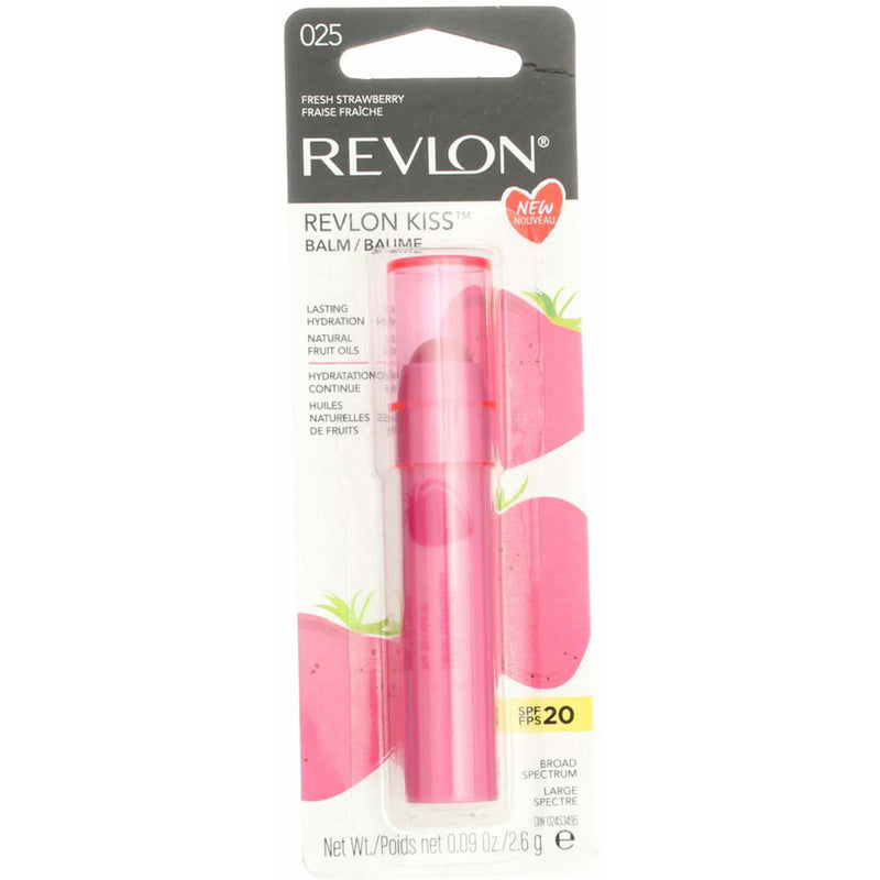 Lip Balm by Revlon, Kiss Tinted Lip Balm, Face Makeup with Lasting Hydration, SPF 20, Infused with Natural Fruit Oils, 025 Fresh Strawberry, 0.09 Oz