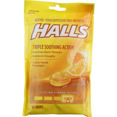Halls Triple Soothing Action Cough Drops, Honey Lemon, 30 Ct