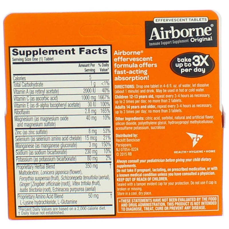 Airborne Original Immune System Supplement Effervescent Tablets, Zesty Orange, 10 Ct