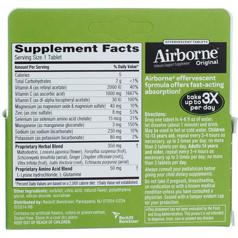 Airborne Original Immune System Supplement Effervescent Tablets, Lemon-Lime, 10 Ct