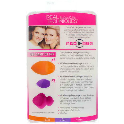 Real Techniques Miracle Complexion Sponges, for Foundation & Concealer, Multi Color, 6 Count