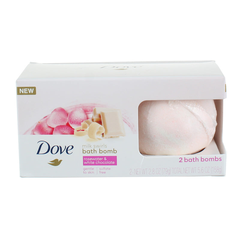 Dove Milk Swirls Gentle Bath Bombs, Rosewater and White Chocolate, 2.8 oz, 2 Ct