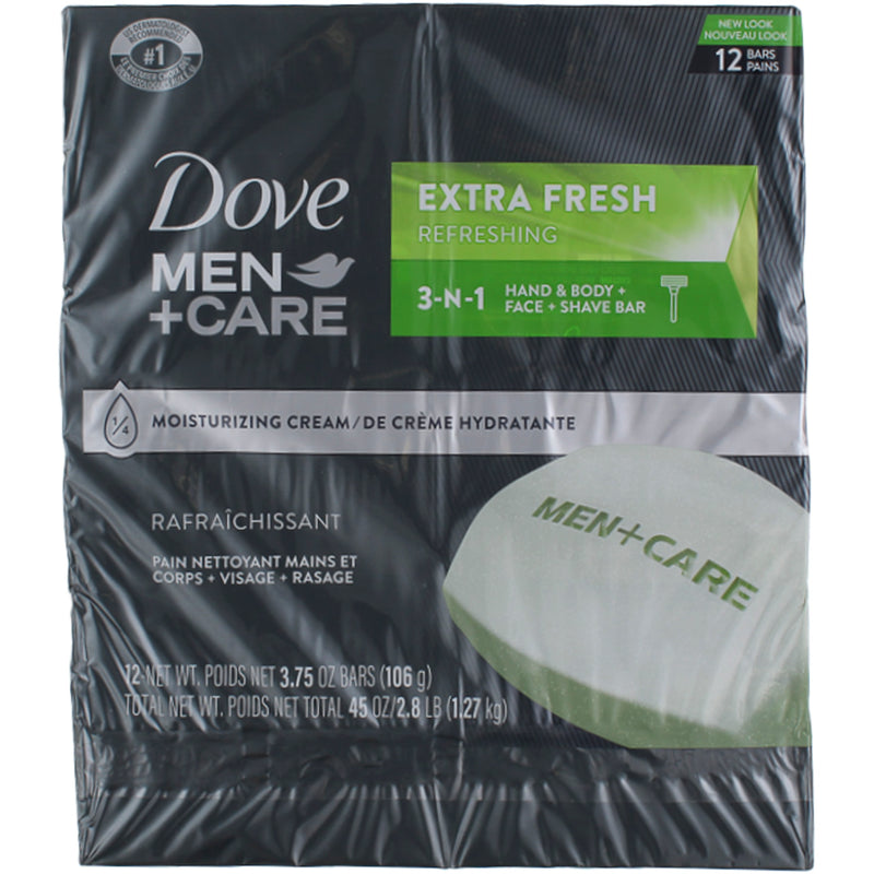 Dove Men+Care Bar 3 in 1 Cleanser Extra Fresh, 3.75 oz, 12 Bars
