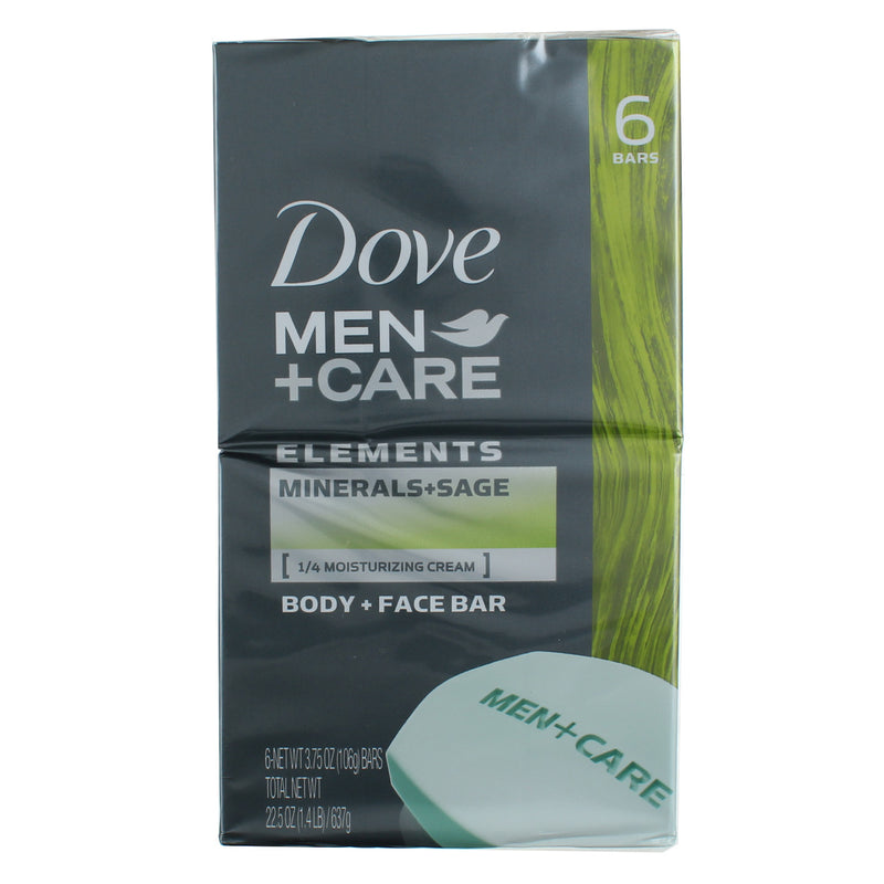 Dove Men+Care Elements Moisturizing Body + Face Bars, Minerals And Sage, 3.75 oz, 6 Ct