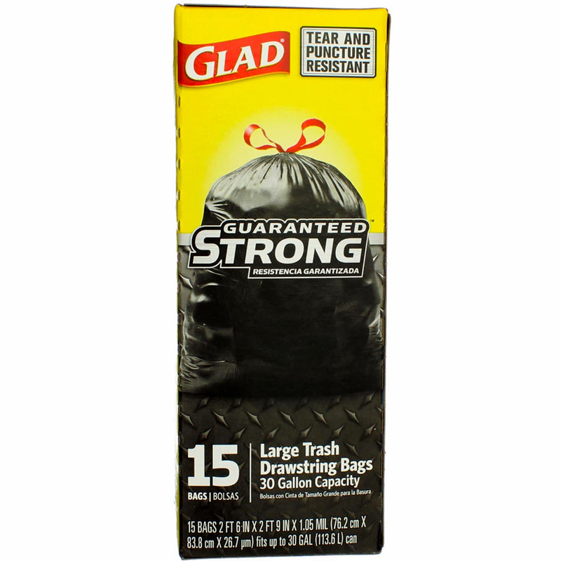Glad Outdoor Trash Bags with Drawstring, 30 Gallon 15 bags