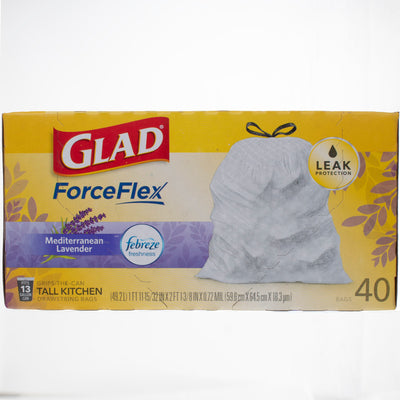 Glad Force Flex Febreze Freshness Waste Bags, Mediterranean Lavender, 13 gal, 40 Ct