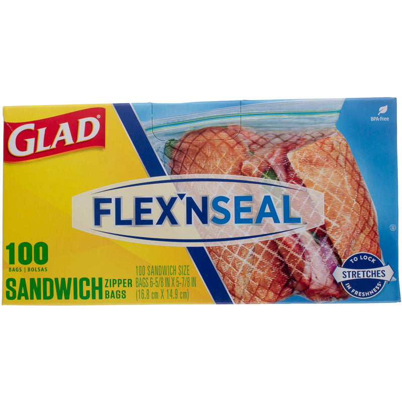 Glad FLEX N SEAL Sandwich Zipper Bags, 16.8 cm X 14.9 cm, 12 oz, 100 Ct