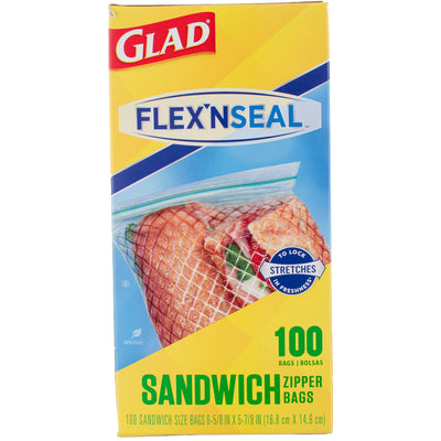 Glad FLEX N SEAL Sandwich Zipper Bags, 16.8 cm X 14.9 cm, 12 oz, 100 Ct