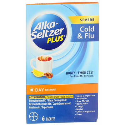 AlkaSeltzer Plus Cold & Flu Day Powder Packets, Honey Lemon Zest, 6 Ct