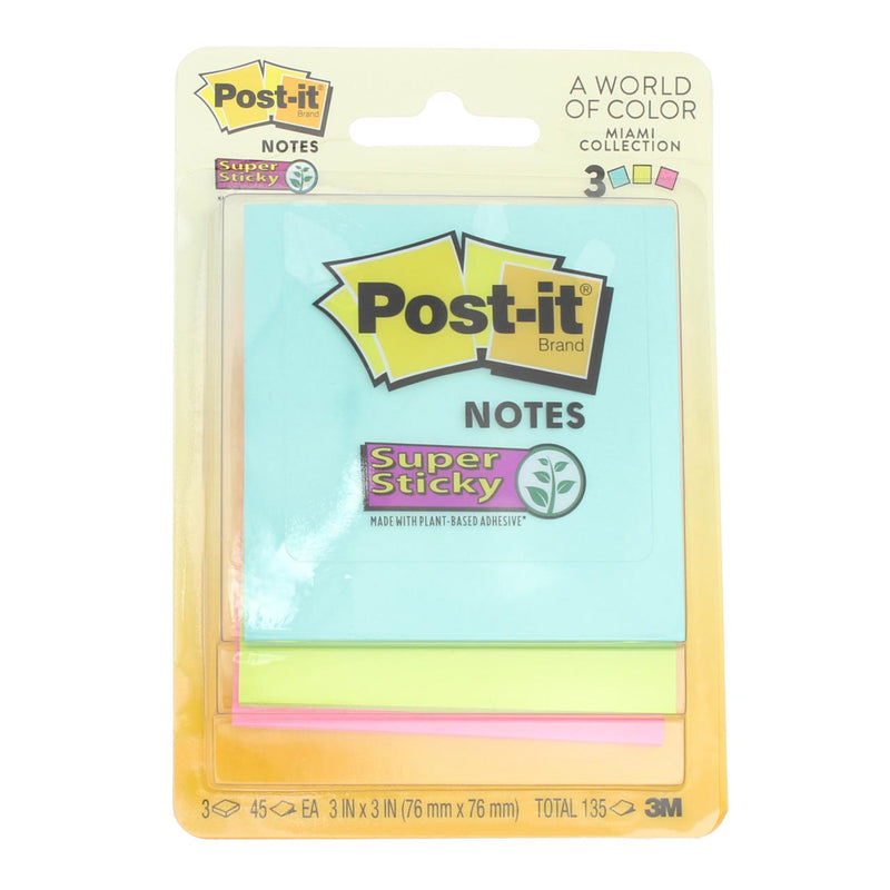 Post-it Super Sticky Notes, Miami Collection, 3 Color, 3in x 3in, 45 ea., 3 Pads