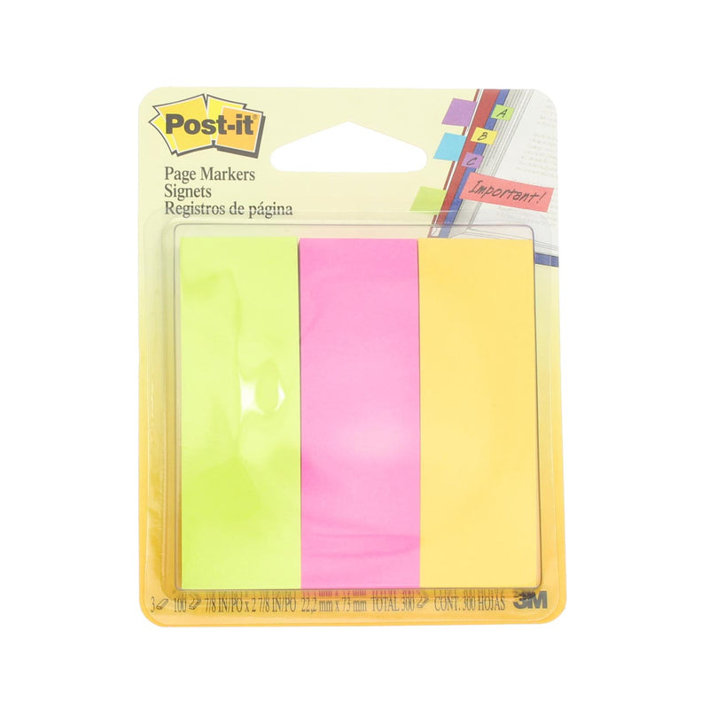 Post-it Page Markers, Neon, 0.875in x 2.875in, 100 ea., 3 Pads