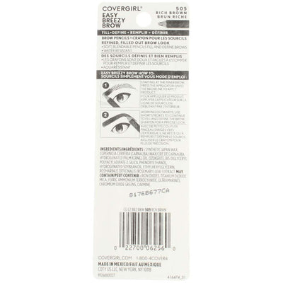 CoverGirl Easy Breezy Brow Fill + Define Water Resistant Pencil, Rich Brown 505, 0.06 oz