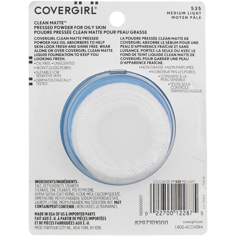 CoverGirl Clean Matte Pressed Powder, Medium Light 535, 0.35 oz