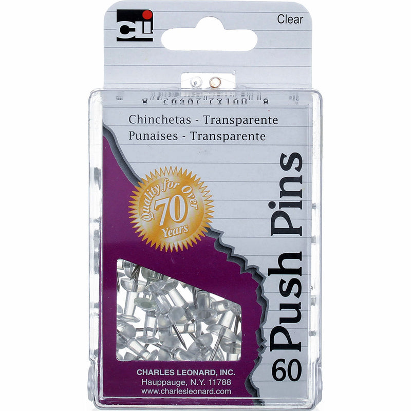 Charles Leonard Inc Clear Push Pins, 60 Ct