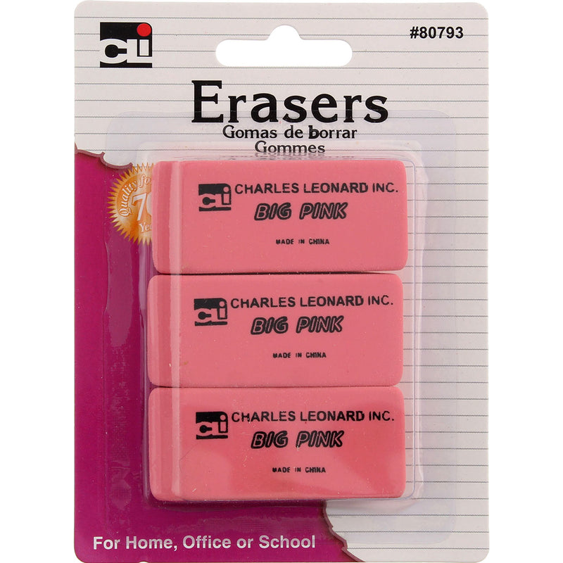 Charles Leonard Inc Big Pink Erasers, 3 Ct