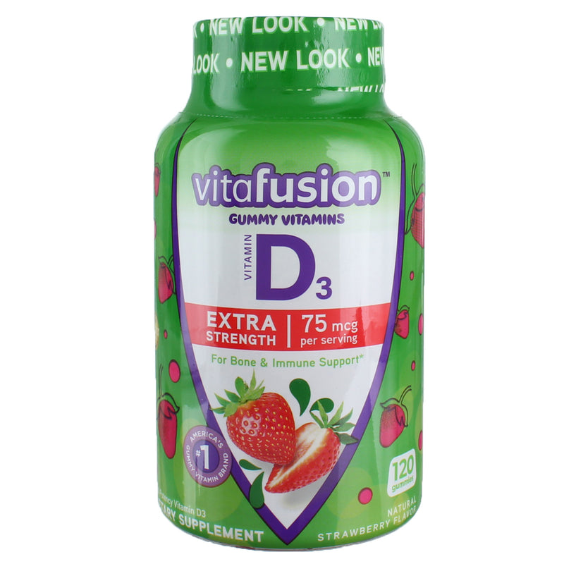 Vitafusion D3 Extra Strength Gummy Vitamins Dietary Supplement, Strawberry, 120 Ct, 3000 IU