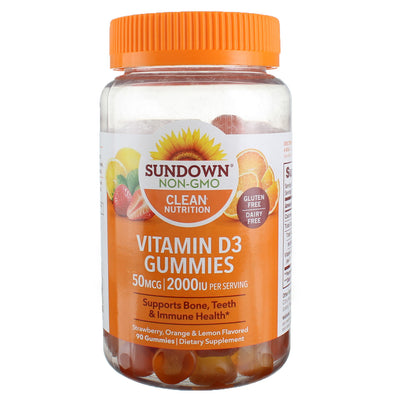 Sundown Clean Nutrition D3 Vitamin Gummies, Strawberry, Orange & Lemon, 50 mcg, 90 Ct