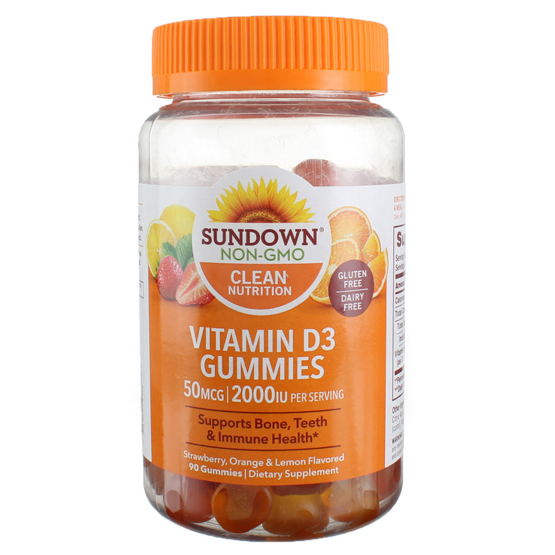 Sundown Clean Nutrition D3 Vitamin Gummies, Strawberry, Orange & Lemon, 50 mcg, 90 Ct