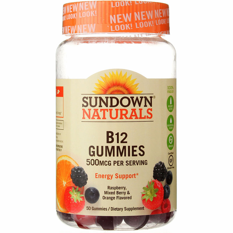 Sundown Naturals Vitamin B-12 Gummies, Raspberry/Mixed Berry/Orange, 500 mcg, 50 Ct