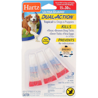 Hartz UltraGuard DualAction Flea & Tick Drops for Dogs & Puppies, 15-30 lbs, 3 Ct