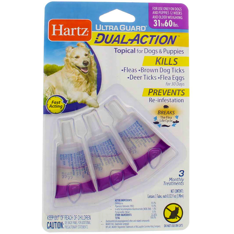 Hartz UltraGuard DualAction Flea & Tick Drops for Dogs & Puppies, 31-60 lbs, 3 Ct
