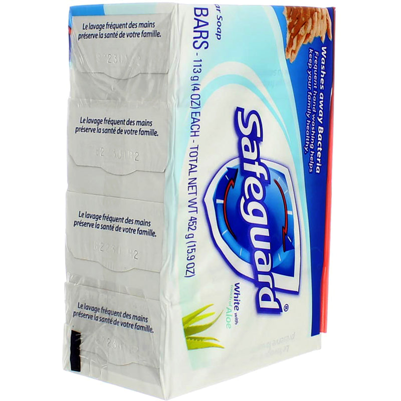 Safeguard Antibacterial Deodorant Bar Soap, White with Aloe, 4 oz, 4 Ct