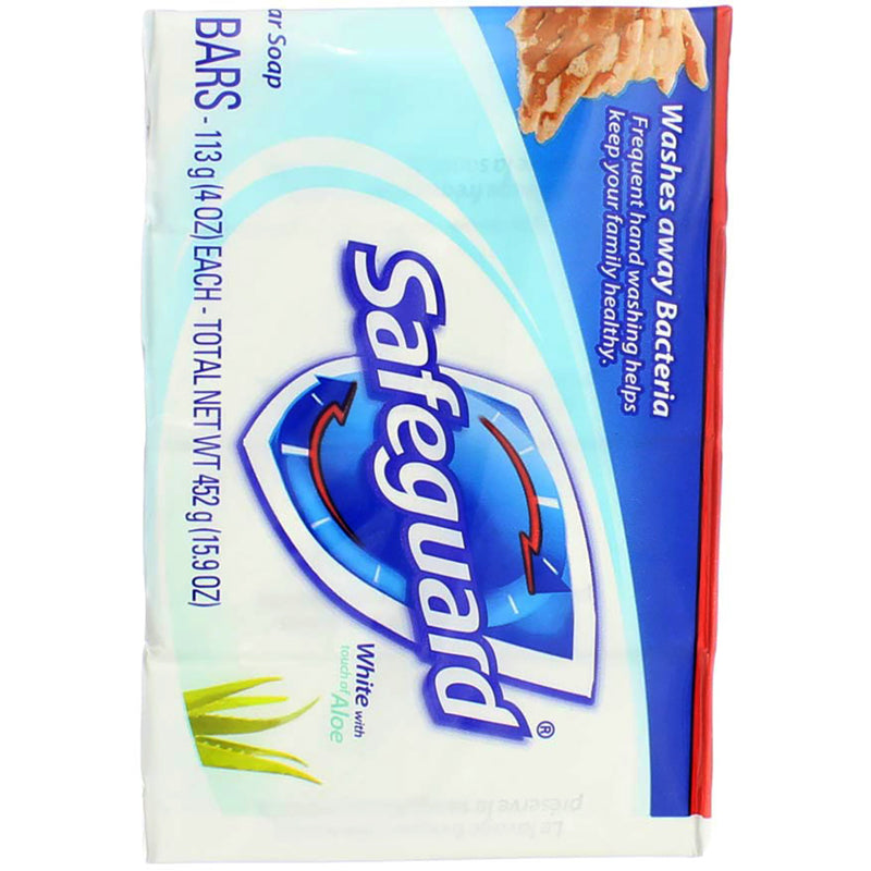 Safeguard Antibacterial Deodorant Bar Soap, White with Aloe, 4 oz, 4 Ct