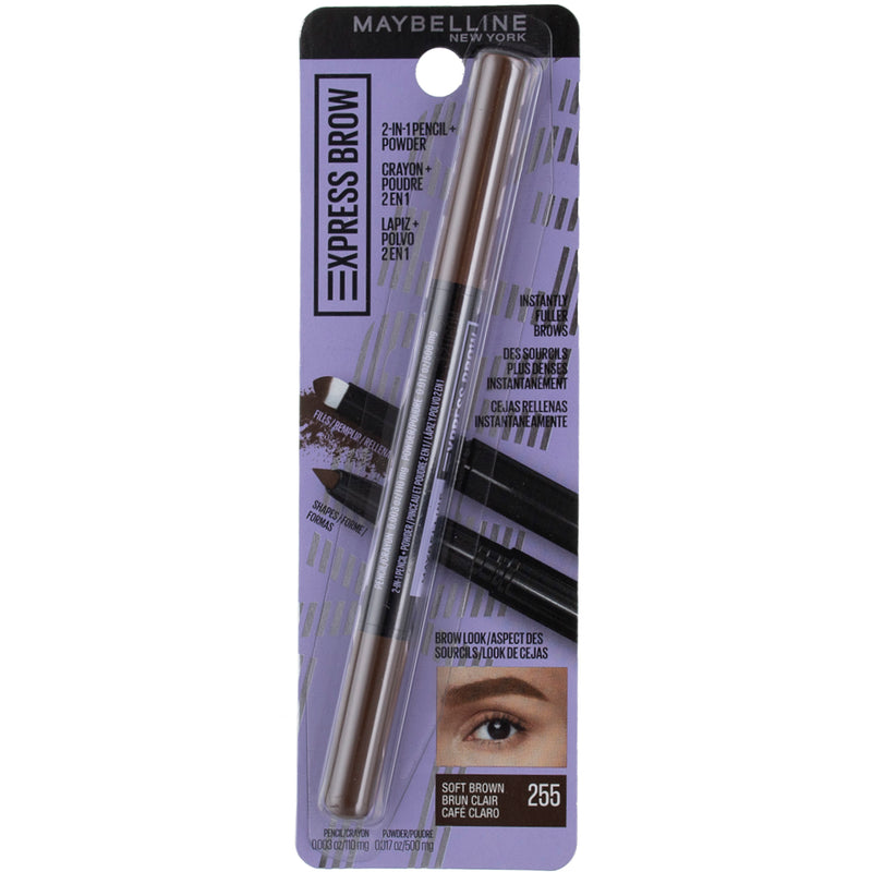 Maybelline Express Brow 2-in-1 Pencil + Powder, Soft Brown 255, 0.003 oz