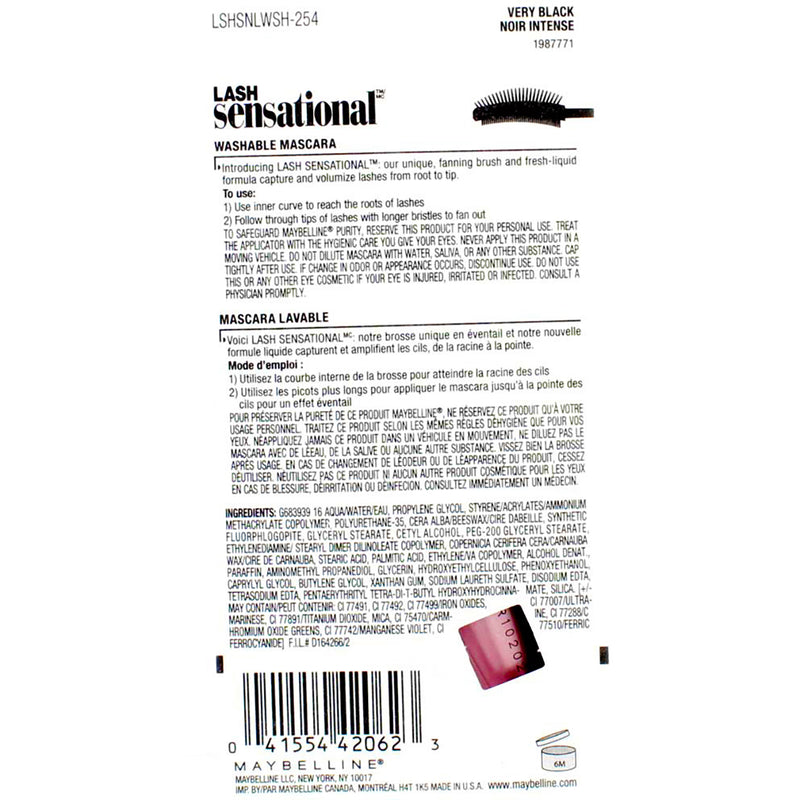 Maybelline Lash Sensational Washable Mascara, Very Black 254, 0.32 fl oz