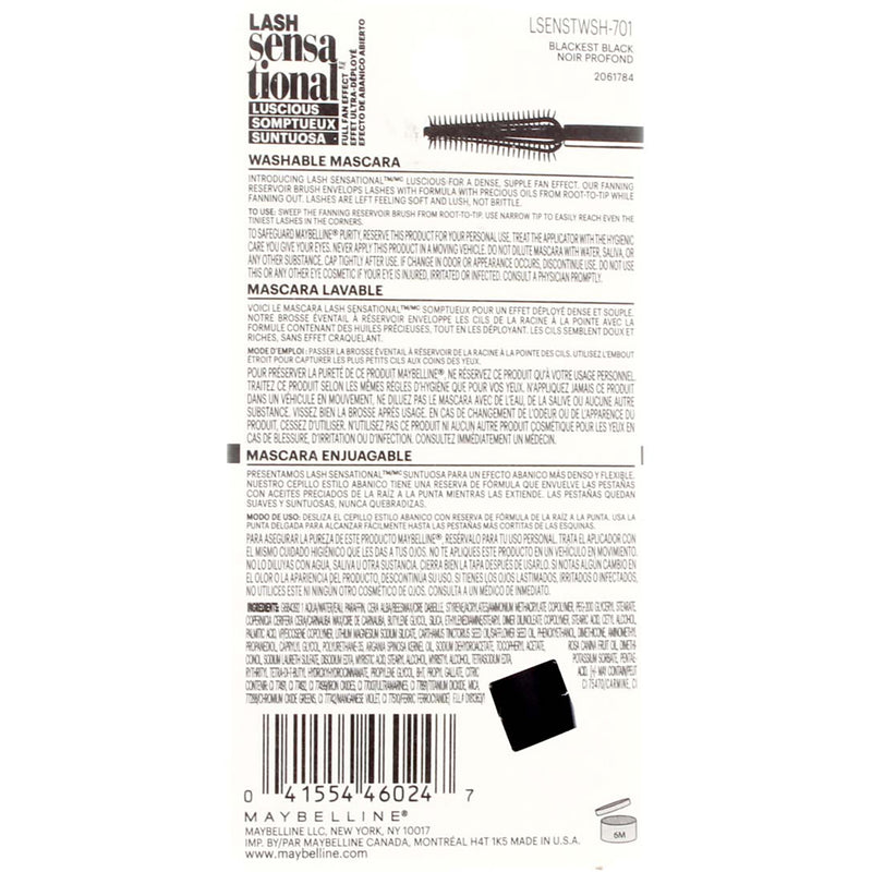 Maybelline Lash Sensational Luscious Washable Mascara, Blackest Black 701, 0.32 fl oz