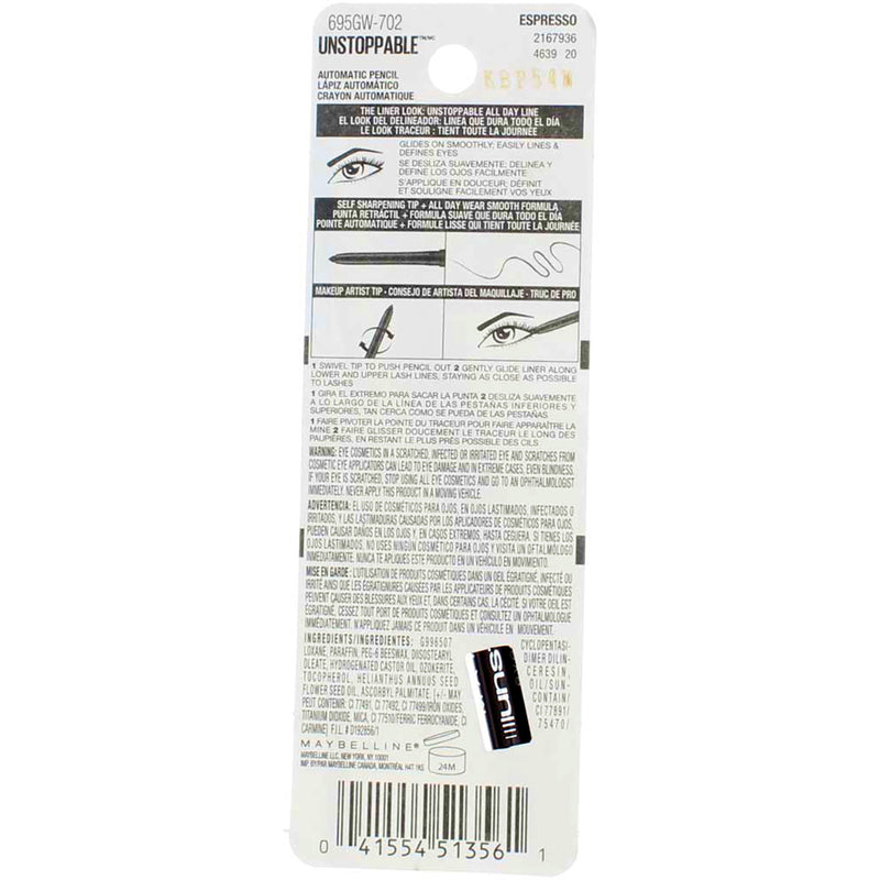 Maybelline Unstoppable Mechanical Eyeliner Pencil, Espresso 702, Waterproof, 0.01 oz