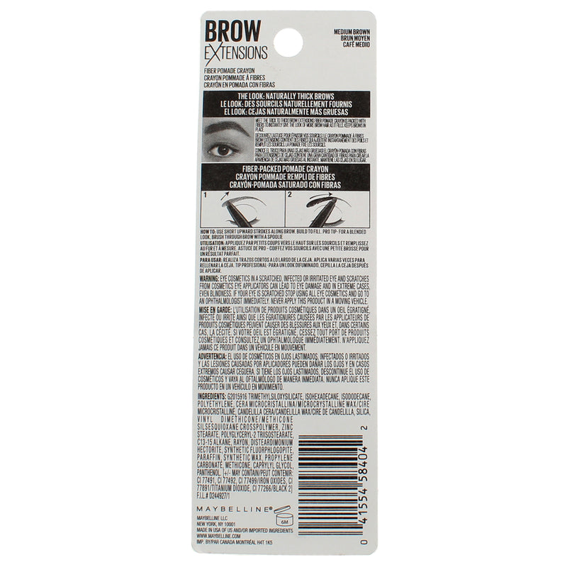 Maybelline New York Brow Extensions Fiber Eyebrow Pomade Crayon, Medium Brown 257, 0.014 oz