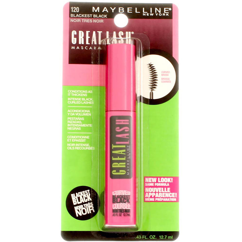 Maybelline Great Lash Curved Brush Washable Mascara, Blackest Black 120, 0.43 fl oz