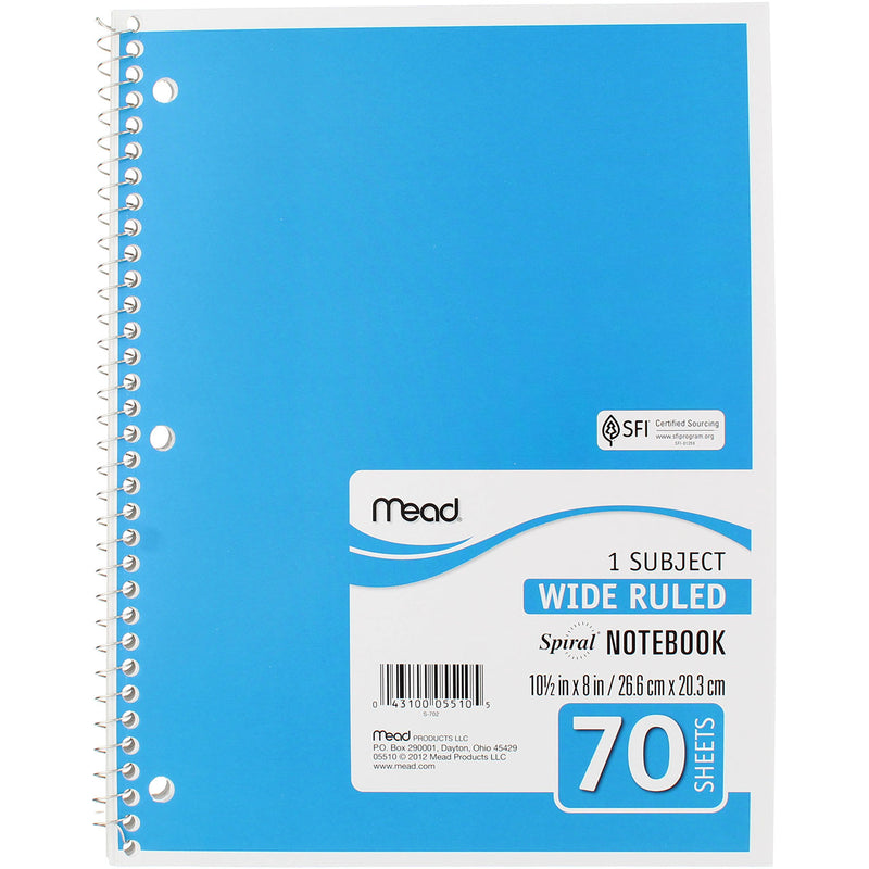 Mead Spiral Notebook, Wide Ruled, 1 Subject, 70 Sheets