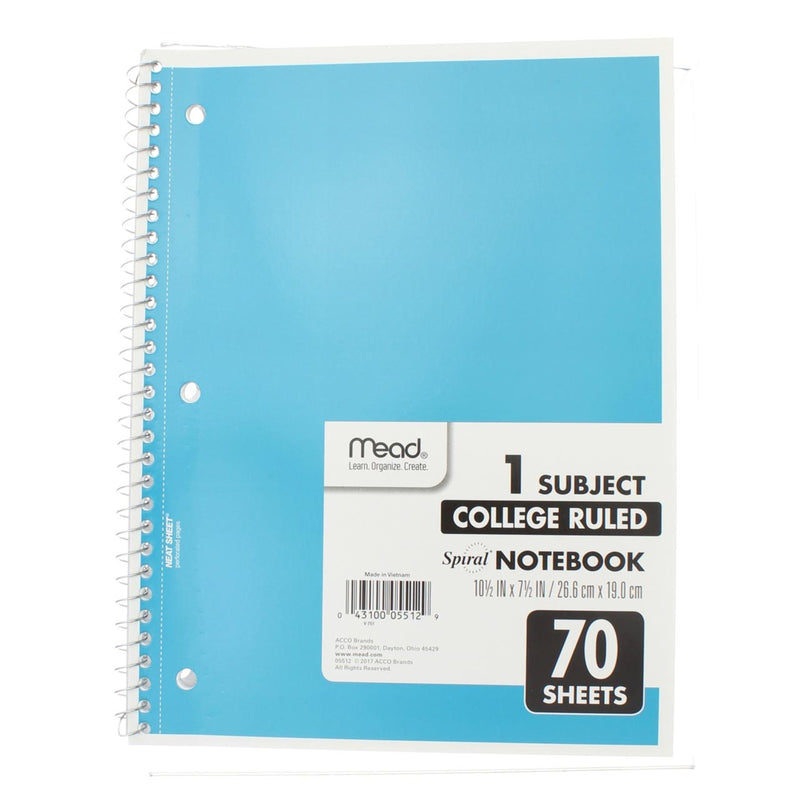 Mead Spiral Notebook, College Ruled, 1 Subject, 70 Sheets