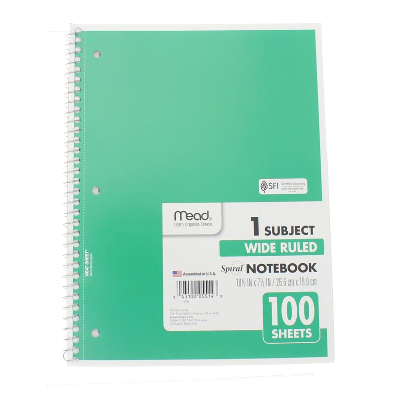 Mead Spiral Notebook, Wide Ruled, 1 Subject, 100 Sheets