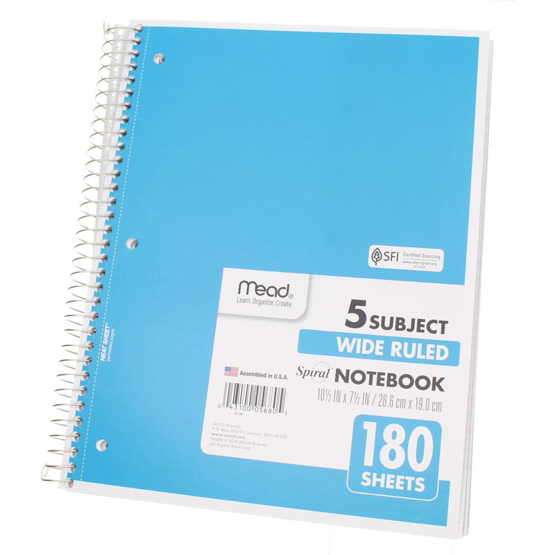 Mead Spiral Notebook, Wide Ruled, 5 Subject, 180 Sheets