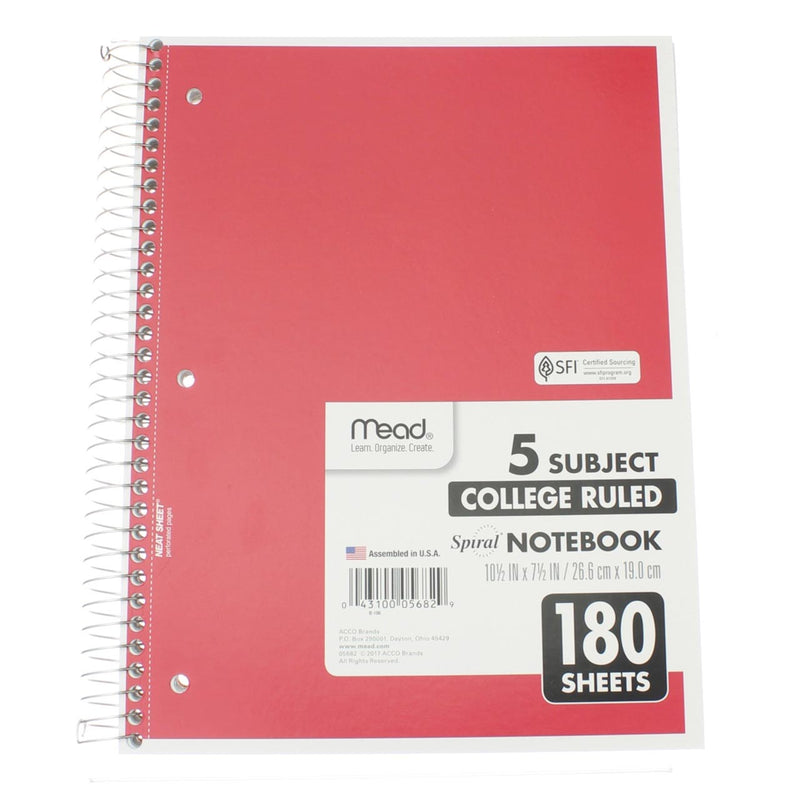 Mead Spiral Notebook, College Ruled, 5 Subject, 180 Sheets