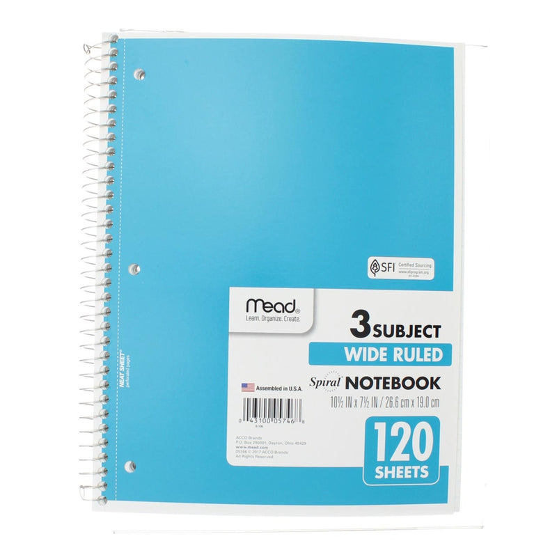 Mead Spiral Notebook, Wide Ruled, 3 Subject, 120 Sheets