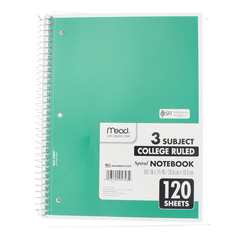 Mead Spiral Notebook, College Ruled, 3 Subject, 120 Sheets
