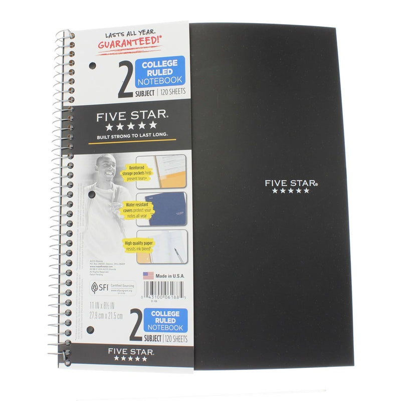Five Star Wirebound Notebook, 2 Subject, 120 Sheets, College Ruled, 11in X 8.5in