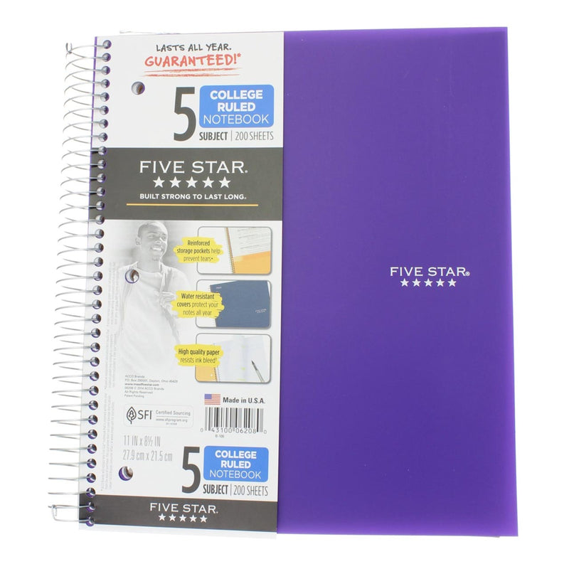 Five Star Wirebound Notebook, 5 Subject, 200 Sheets, College Ruled, 11in X 8.5in