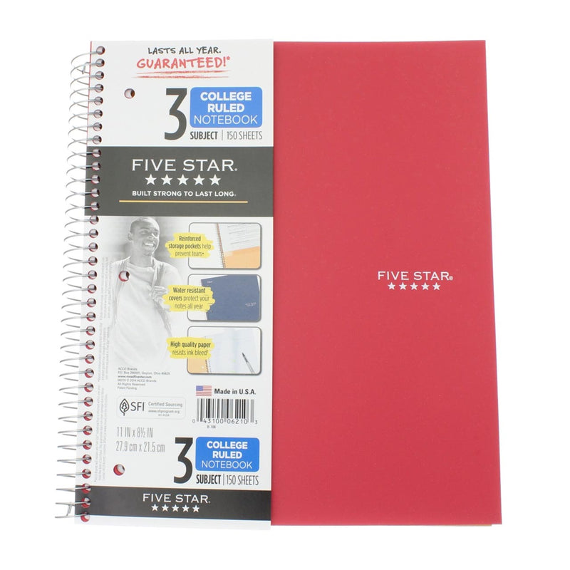 Five Star Wirebound Notebook, 3 Subject, 150 Sheets, College Ruled, 11in X 8.5in
