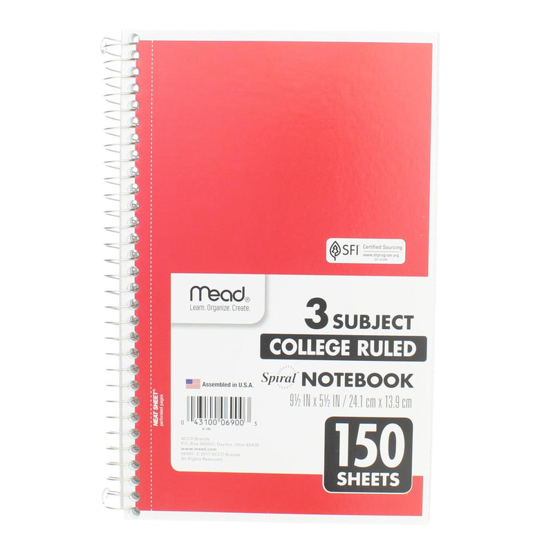 Mead Spiral Notebook, College Ruled, 3 Subject, 150 Sheets