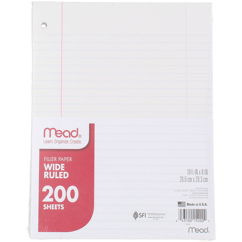 Mead Filler Paper, Wide Ruled, 10.5in X 8in, 200 Ct